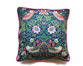 William Morris Strawberry Thief, Arts and Crafts, blue, pink and green birds, cotton cushion cover, throw pillow cover, home decor.
