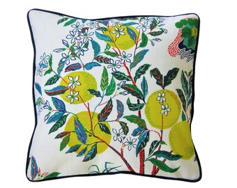 Schumacher Citrus Garden, primary colour-way, indoor outdoor, yellow and green polyester cushion cover, throw pillow cover, homeware decor.