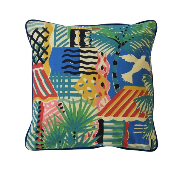 Liberty Collier Campbell "Cote D'azure" vintage early 80s, blue, red and green cotton cushion cover, throw pillow cover, homeware decor.