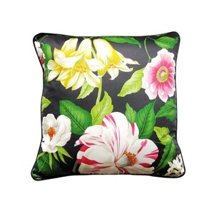 Sanderson &quot;Floreanna&quot; green, pink and black tropical floral cotton chintz cushion cover, throw pillow cover,  home decor, 18 x 18 inches.