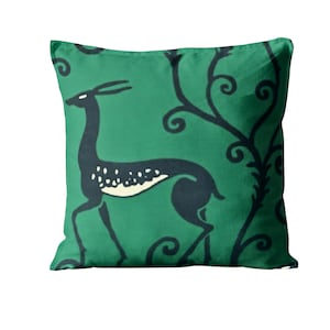Cushion cover, Zoffany Deco Deer, emerald malachite green and black cotton velvet, throw pillow cover, home decor.