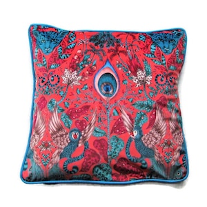 Clarke and Clarke, jungle red, pink and turquoise blue velvet cushion cover, throw pillow cover, home decor 18 x 18 inches.