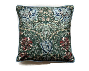 Liberty William Morris Honeysuckle, mid 80s vintage green, red, blue cotton cushion cover, throw pillow cover, homeware decor 18 x 18 ins.