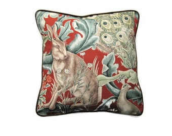 William Morris Forest, Arts and Crafts, red, green and beige rabbit linen union cushion cover, throw pillow cover, home decor 16 x 16 ins.