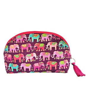 Toilet bag, curved top cotton elephant makeup bag with a pink waterproof lining and a matching tissue holder,.