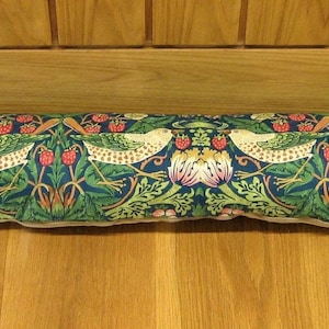 Draught excluder, William Morris indigo blue, moss green and pink Strawberry Thief door stopper, draft stopper, window draught dodger.