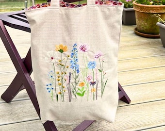 Embroidered linen floral tote bag, wildflower festival bag, market shopper, zero waste product.