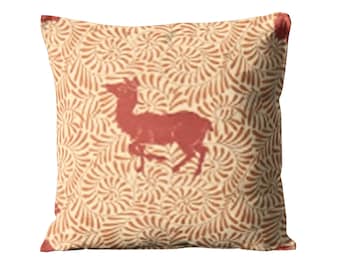 Morris and Co. Woodland Animal, Arts and Crafts, rust red and beige, embroidered deer linen cushion cover, throw pillow cover, home decor.