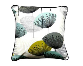 Sanderson "Dandelion Clocks", citrus yellow, blue, dark grey and black cotton cushion cover, throw pillow cover, homeware decor.