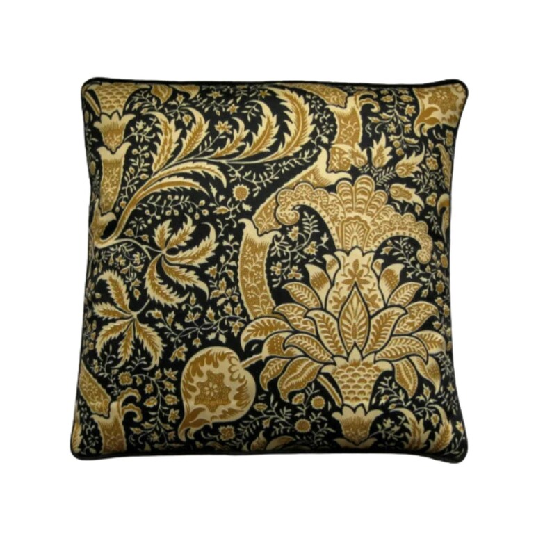William Morris Indian Cushion Cover: Arts & Crafts Pillow, Black Beige Cotton zdjęcie 1