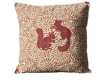 Morris and Co Woodland Animal, Arts and Crafts rust red and beige, embroidered squirrels linen cushion cover, throw pillow cover, home decor