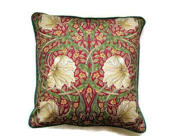 Morris and Co "Pimpernel" , Arts and Crafts, red and green flowers linen cushion cover, throw pillow cover, home decor.