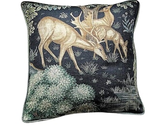 William Morris The Brook, Arts and Crafts, beige and dark blue linen cushion cover, throw pillow cover, home decor.
