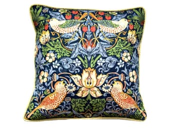 William Morris Strawberry Thief, Arts and Crafts, dark blue, red and beige birds, cotton cushion cover, throw pillow cover, home decor.