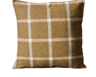 Abraham Moon. Reflection, Camel, 100% wool plaid, checked cushion cover.