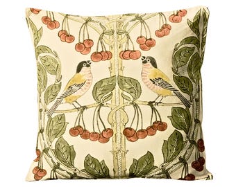G P & J Baker Birds and Cherries, Red and Green, cotton cushion cover