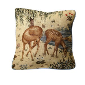 William Morris The Brook, beige, blue and green woodland deer linen cushion cover, throw pillow cover, home decor 16 x 16 inches.