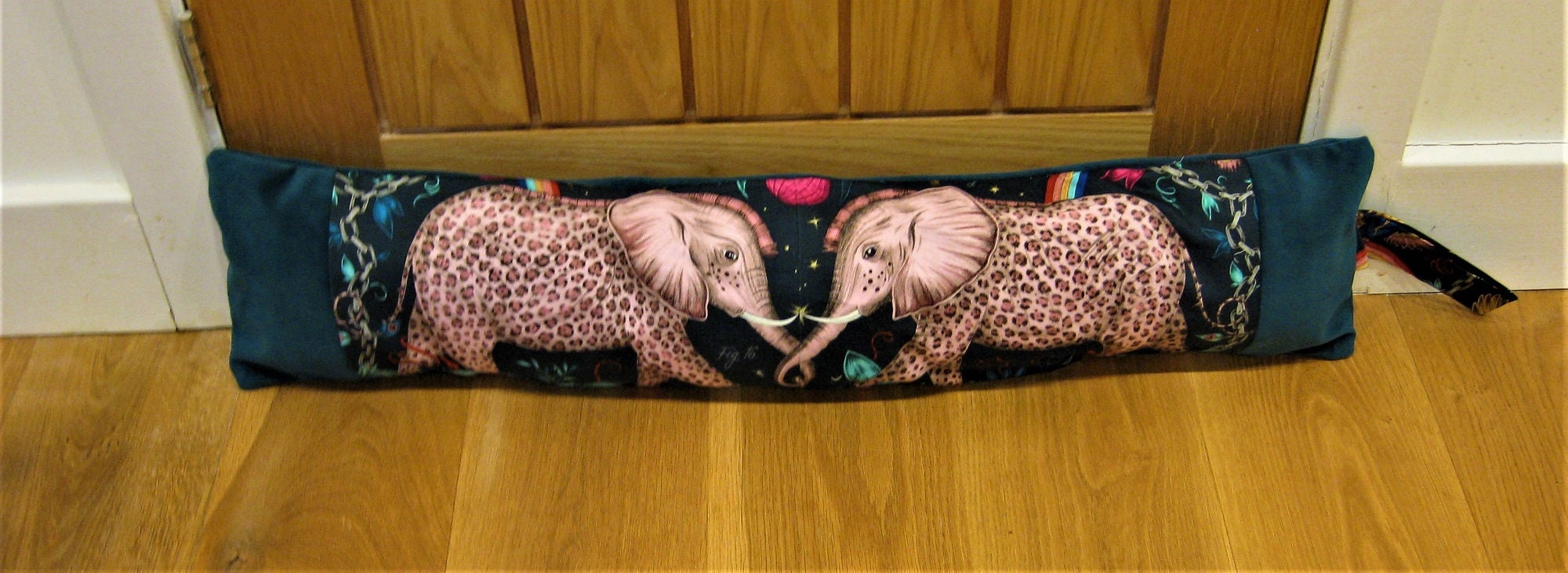 Draught excluder, Clarke and Clarke elephant door stopper, elephant print and teal velvet draft stopper, cotton window draught dodger.
