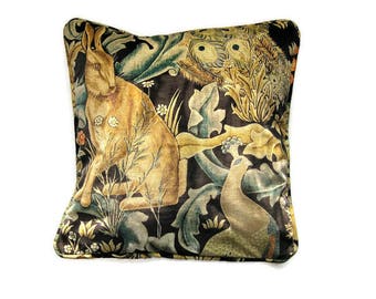 William Morris, Forest, Arts and Crafts, black, green and gold rabbit velvet cushion cover, throw pillow cover, home decor.