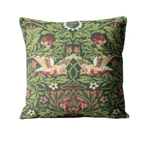 William Morris, Birds Tapestry, Tump Green, green and red woven wool and cotton cushion cover, throw pillow cover, home decor, 16 x 16 in.