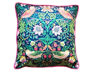 William Morris Strawberry Thief, Arts and Crafts, blue, pink and green birds, cotton cushion cover, throw pillow cover, home decor.
