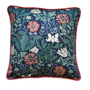 William Morris Compton Cushion Cover: Vintage Cotton Throw Pillow, Green Navy Red