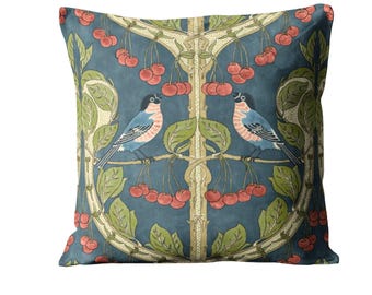 G P & J Baker Birds and Cherries, Indigo Blue, cotton cushion cover