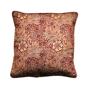 William Morris. Marigold, Arts and Crafts, burgundy red and beige floral  linen cushion cover, throw pillow cover, home decor.