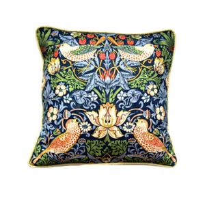 William Morris Strawberry Thief, Arts and Crafts, dark blue, red and beige birds, cotton cushion cover, throw pillow cover, home decor.