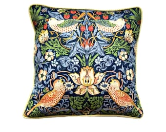 William Morris, Strawberry Thief, Arts and Crafts, indigo blue, red and beige birds, cotton cushion cover, throw pillow cover, home decor.