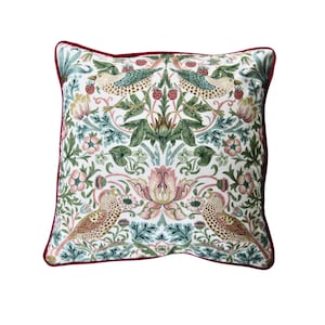 William Morris, &quot;Strawberry Thief&quot;, Arts and Crafts, pink, lilac and blue cotton birds cushion cover, throw pillow cover, home decor.