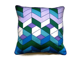 Geometric chevrons, turquoise blue, green, lilac, early 70s vintage cotton cushion cover, throw pillow cover, homeware decor, 18 X 18 ins.