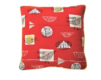 Heals. Marian Mahler "Bird and Bowl" early 50s, red, yellow and grey cotton and rayon mix cushion cover, throw pillow cover, homeware decor.