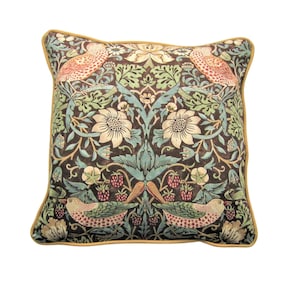 William Morris &quot;Strawberry Thief&quot; Arts and Crafts, Art Nouveau brown, green and beige birds cushion cover, throw pillow cover, home decor.