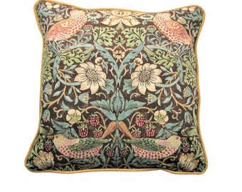 William Morris &quot;Strawberry Thief&quot; Arts and Crafts, Art Nouveau brown, green and beige birds cushion cover, throw pillow cover, home decor.
