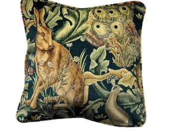 William Morris Forest, Arts and Crafts, dark teal green and gold rabbit velvet cushion cover, throw pillow cover, home decor 18 x 18 inches.