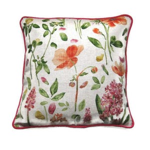 Sanderson &quot;Summer&quot; orange, pink, and green floral, linen cushion cover, throw pillow cover, home decor, 18 x 18 ins.