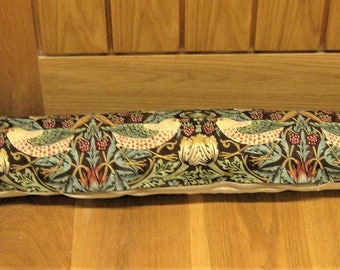 Draught excluder, William Morris brown and green Strawberry Thief door stopper, draft stopper, window draught dodger.