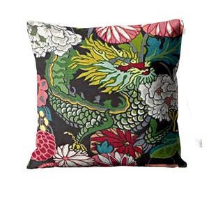 Schumacher, Chiang Mai Dragon, ebony colour-way, black and pink linen cushion cover,  throw pillow cover, homeware decor,