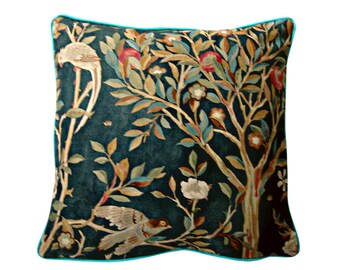 William Morris "Melsetter", Arts and Crafts, teal, green and peach pink linen cushion cover, throw pillow cover, home decor .