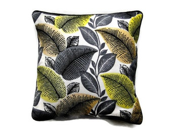 Vintage mid 50s yellow, orange, gray, black leaves, cotton barkcloth fabric cushion cover, throw pillow cover, homeware decor, 18 X 18 ins.