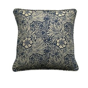 William Morris, &quot;Marigold&quot;, indigo dark blue and beige linen cushion cover, throw pillow cover, home decor 12 x 20 ins, ready to post.