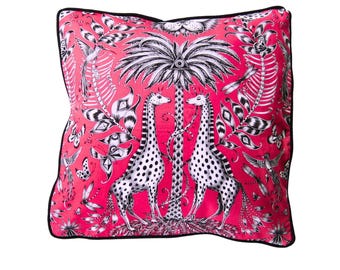 Clarke and Clarke giraffe safari pink cotton cushion cover