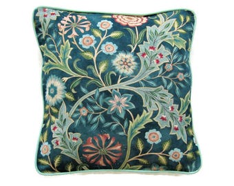 William Morris, "Wilhelmina", Arts and Crafts, funda de cojín de lino con estampado floral verde azulado, funda de almohada decorativa, decoración del hogar.