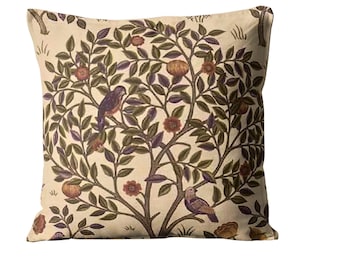 William Morris Kelmscott Tree, Arts and Crafts, beige, burgundy red and green linen union cushion, throw pillow home decor.