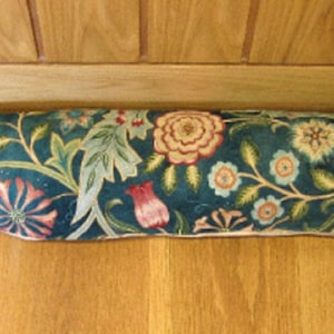 Draught excluder, William Morris Wilhelmina teal green floral door stopper, draft stopper, window draught dodger.