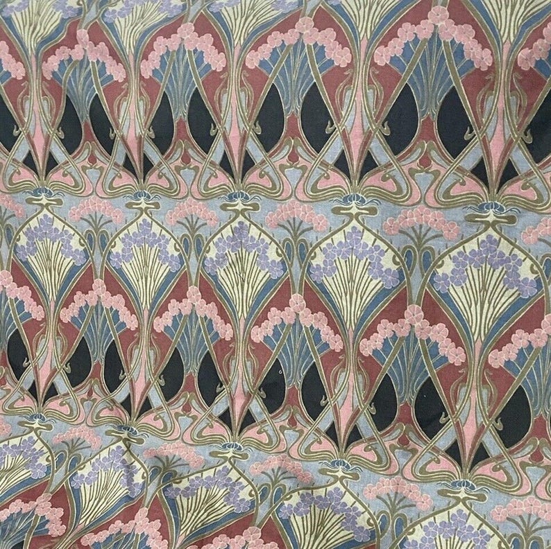 Tela Liberty "Ianthe", diseño Art Nouveau de principios de los 80, funda de cojín rosa, gris y lila, funda de almohada, decoración para el hogar. imagen 5
