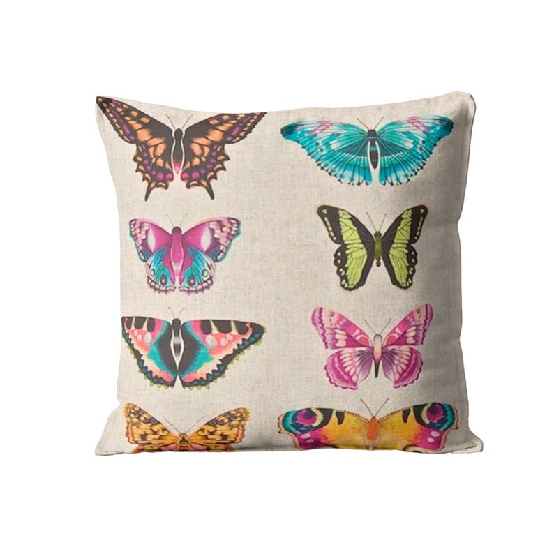 Botanical butterflies, Harlequin Fabrics Papilio, turquoise, pink and blue linen cushion cover, throw pillow cover, home decor. image 1