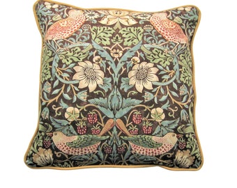 William Morris "Strawberry Thief" Arts and Crafts, Art Nouveau brown, green and beige birds cushion cover, throw pillow cover, home decor.