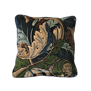 William Morris, Acanthus, Arts and Crafts, navy blue, grey, beige and green velvet cushion cover, throw pillow cover, home decor.